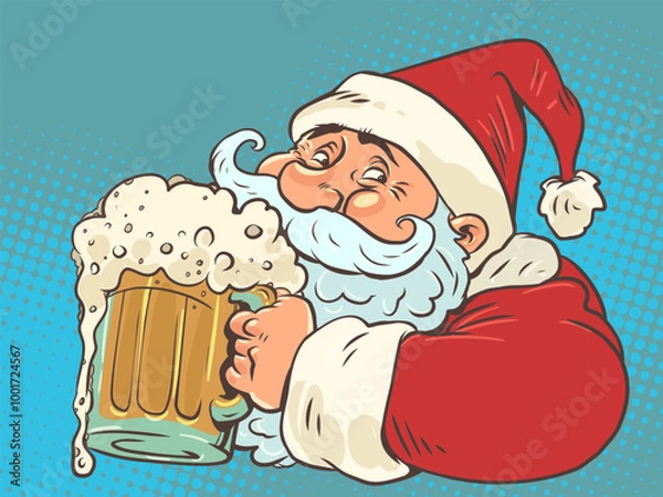 Fototapeta Santa Claus holding a glass of foamy ale. Coming New Year in bars and restaurants. Delivery of delicious for Christmas and holidays.