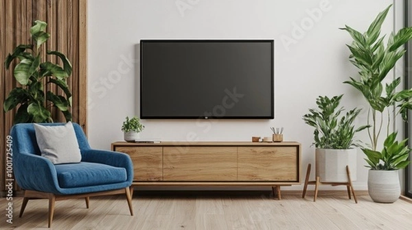 Obraz Sleek Modern Living Room with Blue Armchair and Plant beside TV Cabinet