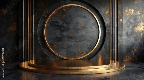 Fototapeta Luxury product display podium on black background with golden lines