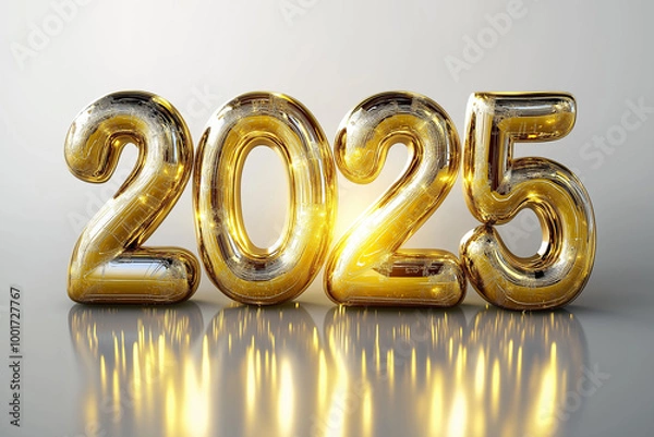 Fototapeta Golden Reflective 2025 Numbers on Clean White Background for New Year Celebration, Symbolizing Future Success, Fresh Beginnings, and Optimism