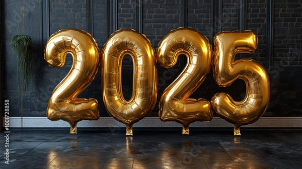 Fototapeta Golden 2025 Balloon Numbers on Dark Background for Elegant and Festive New Year Party Decoration, Symbolizing Celebration, Luxury, and Future Hopes