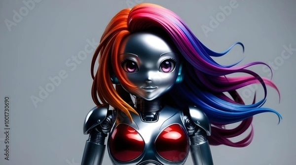 Fototapeta futuristic female android with vibrant hair and cybernetic body