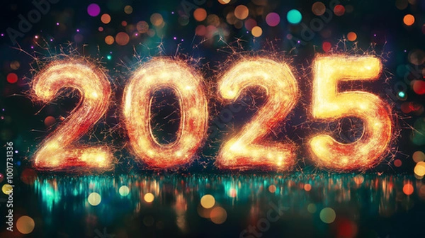 Fototapeta Glittering Sparkling Fireworks Displaying 2025 in Dazzling Lights for New Year Celebration, Symbolizing Fresh Beginnings and Festive Holiday Spirit