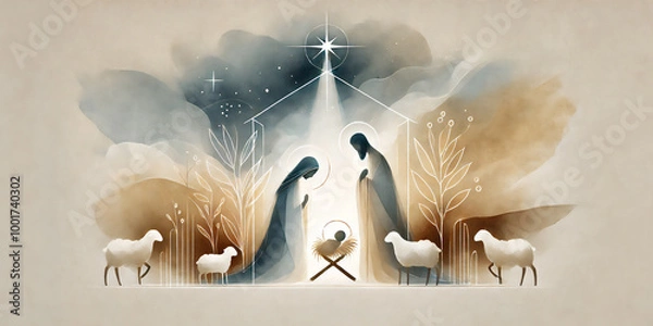 Fototapeta Watercolor painting representing Nativity scene in Bethlehem. Christmas scene illustration showing holy family baby Jesus in the manger Joseph and Mary. Banner. Copy space