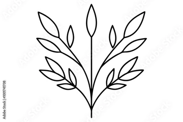Fototapeta Floral branch and minimalist leaves for logo or tattoo. Hand drawn line wedding herb, elegant wildflowers. Minimal line art drawing for print, cover or wallpaper