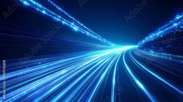Fototapeta  A digital image showcasing vibrant light rays blue light on blue background creating a sense of speed and motion blur. Energy technology concept.