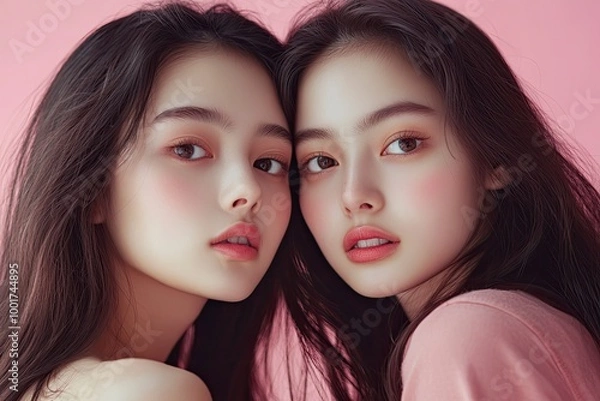 Fototapeta Close up portrait beauty shot of two young beautiful Asian girls looking at camera isolated on pink background. with generative ai