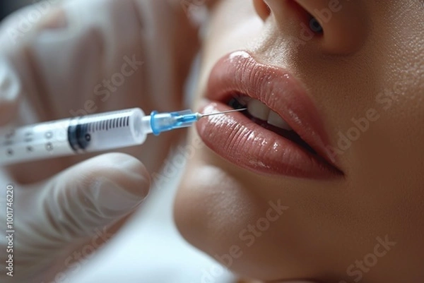 Fototapeta A skilled practitioner administers a lip filler injection to enhance the volume of a client's lips in a bright clinic setting
