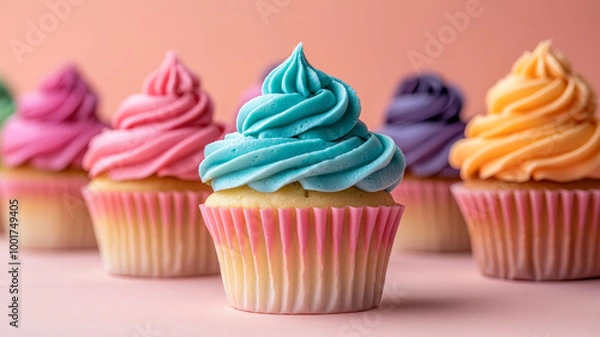 Fototapeta Close-up of colorful frosted cupcakes on pastel background.