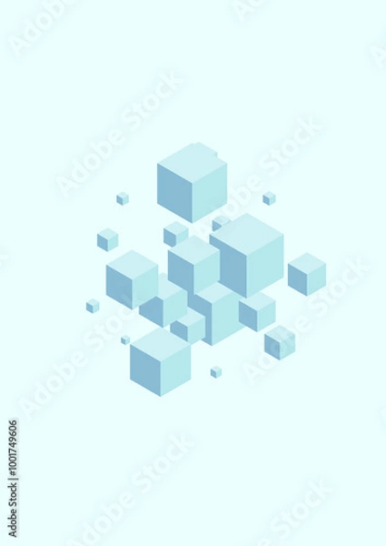 Fototapeta Monochrome Cube Background Blue Vector. Cubic Poster Texture. Sky Blue Geometric Clean Card. Flying Illustration. Gray Cover Block.