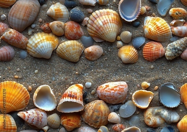 Fototapeta Seashell Sea Shell Seashells Shells Sand Sandy Beach Colorful Seamless Tile Texture Pattern Tiled Repeatable Tessellation Background Image