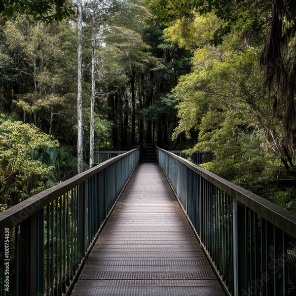 Fototapeta A rustic pedestrian bridge in a forest, large trees