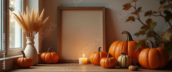 Fototapeta This image showcases a fall-themed decoration on a table next to a window, featuring several pumpkins of different sizes and colors, a lit candle, and a vase with dried plants. In the center.