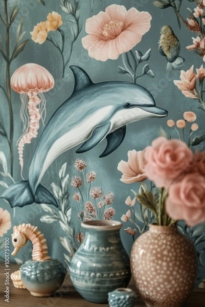 Fototapeta marine life wallpaper, underwater wallpaper featuring dolphins, seahorses, and jellyfish in serene pastel hues for a playful sea life motif