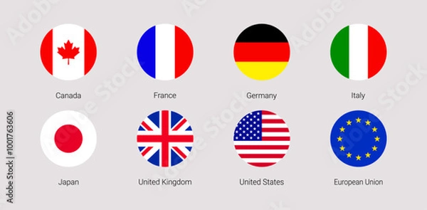 Fototapeta The Group of Seven flag vector illustration. G7 and EU rounded flags icons with members countries names. USA, France, Germany, Italy, Japan, United Kingdom, EU simple stickers. geometric signs.