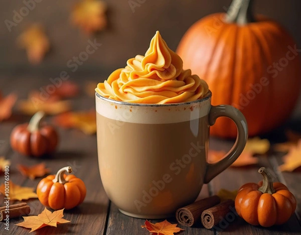 Fototapeta This image features a cup of coffee with a generous portion of orange-colored whipped cream on top, evoking an autumnal style. The scene is surrounded by small decorative pumpkins and cinnamon sticks.