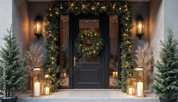 Fototapeta Modern Christmas Entryway with Garland and Candles