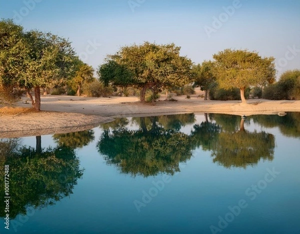 Fototapeta Dreamy Reflections: Soft Focus on Trees in Moon Pond, Bahrain