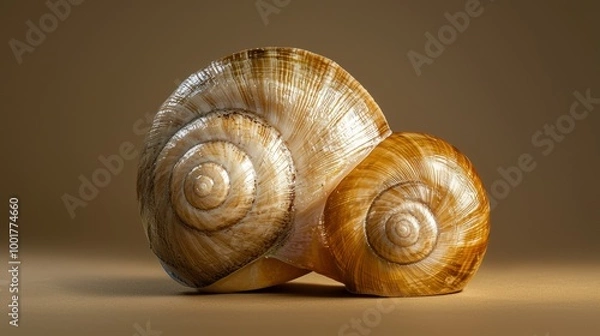 Fototapeta Two polished snail shells placed side by side on a brown background