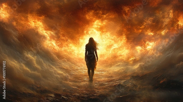 Fototapeta A solitary figure strides confidently through a vibrant, fiery horizon, surrounded by swirling clouds and intense colors during sunset