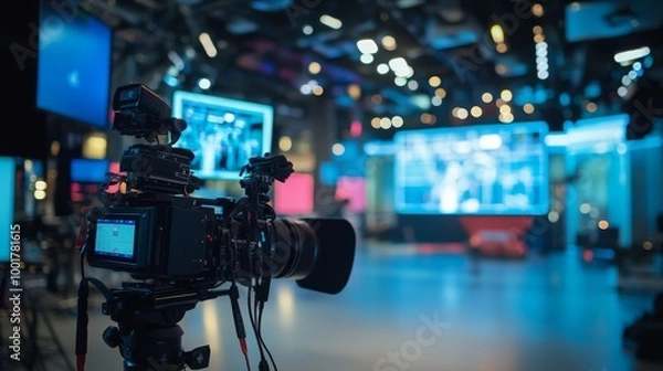 Obraz The bustling television studio features large cameras and bright lights, highlighting a high-end camera setup. Digital screens enhance the dynamic media production atmosphere
