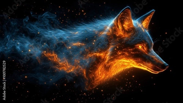 Fototapeta Majestic fox composed of fire and stardust, emerging from a cosmic cloud of smoke and embers. The perfect image for themes of fantasy, wildlife, and the universe; galaxy and cosmo with animal