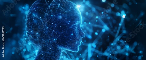 Fototapeta Digital Consciousness: An ethereal, digital representation of a human head, composed of swirling particles, shines with an inner light against a dark backdrop. The image evokes a sense of wonder.