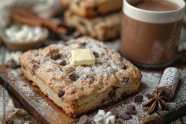 Fototapeta Chocolate Chip Scones with Powdered Sugar and Butter