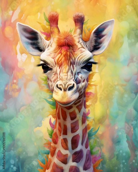 Fototapeta Gift a friend a multicolor giraffe with a delightful Portrait
