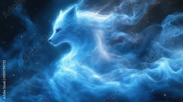 Fototapeta Ethereal Blue Fox Silhouette Formed From Flowing Nebula-Like Light