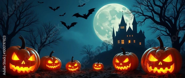 Fototapeta The combination of pumpkins, a ghostly castle, bats, and the full moon creates the perfect Halloween night setting
