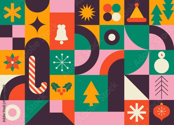Fototapeta Advent Calendar, Merry Christmas poster, printable template with Xmas elements in modern minimalist style. Vector illustration and concept design.Holiday season, Trendy, contemporary abstract design. 