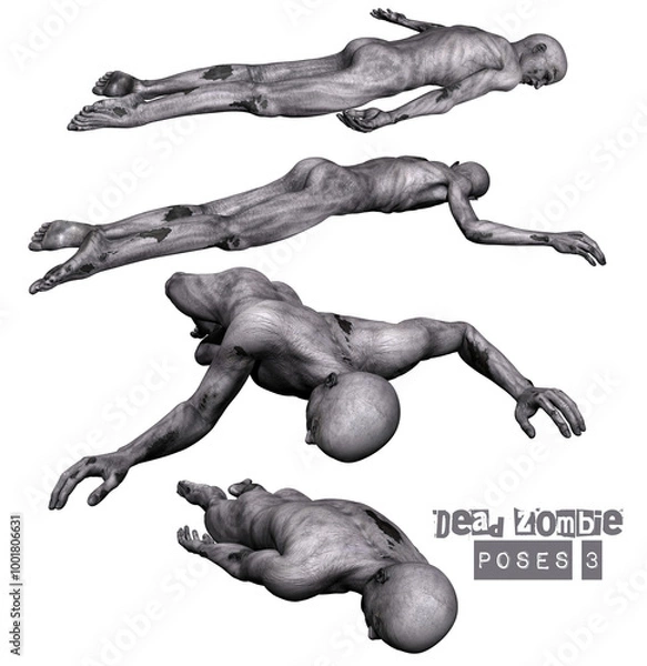 Fototapeta 3D render of zombie dead poses 3 isolated illustration