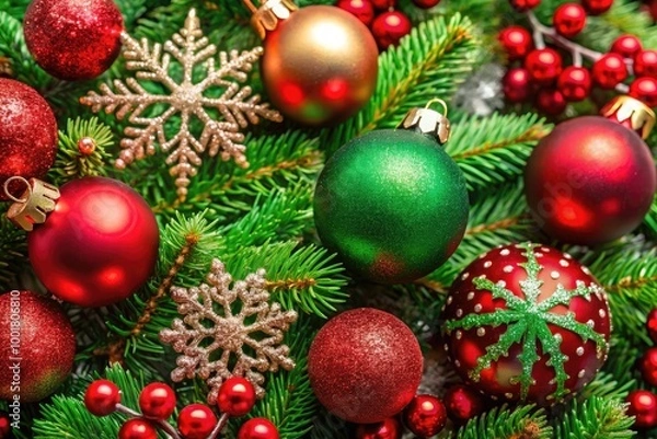 Fototapeta Festive Red and Green Christmas Background with Snowflakes, Ornaments, and Pine Tree Elements