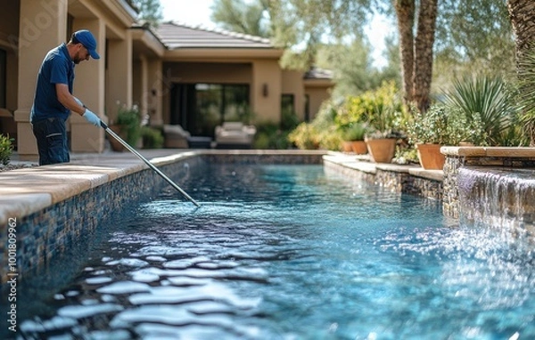 Fototapeta Professional pool cleaning service with a technician using a pole to maintain a sparkling pool amidst desert landscaping