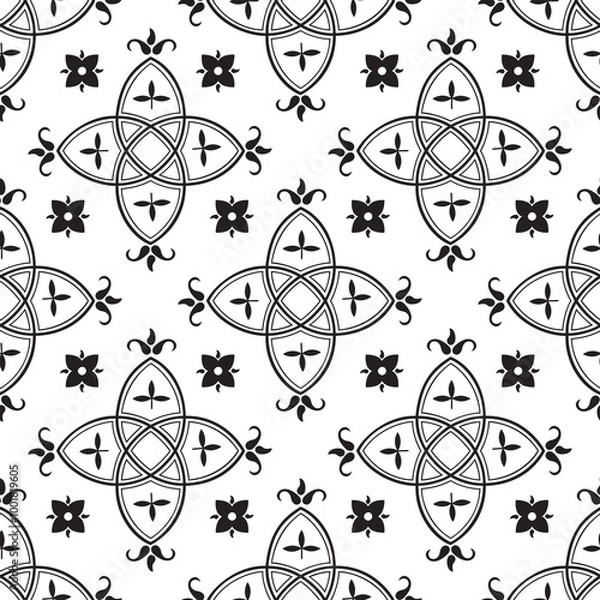 Fototapeta Seamless medieval pattern. Gothic style background. Abstract floral motif. Vector illustration in black and white.