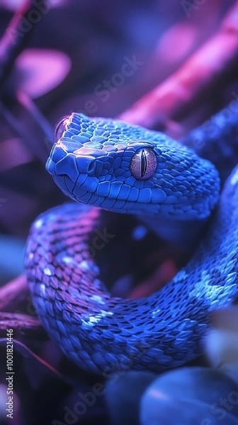 Obraz Beautiful blue snake curled around branch showcasing its natural habitat picture