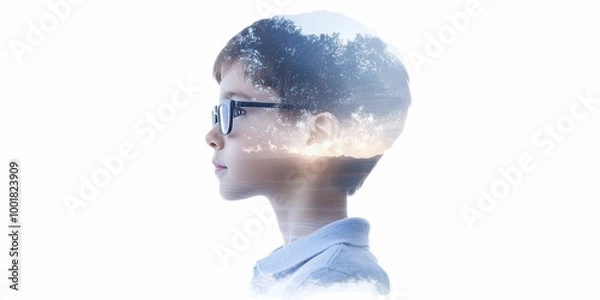 Fototapeta Double exposure of an online learning developer creating content, merged with visuals of students engaging with technology, symbolizing the evolution of education