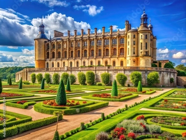 Fototapeta Majestic Château de Saint Germain en Laye Surrounded by Lush Greenery and Clear Blue Skies