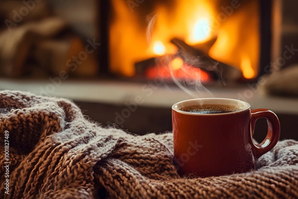 Fototapeta Mug with hot cocoa drink in front of fireplace in a cozy living room