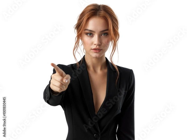Fototapeta Mulher elegante com o dedo indicador apontando para o lado, apresentando algo