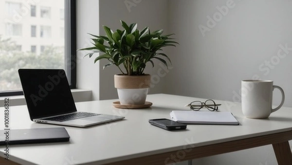 Fototapeta Well-lit workspace with laptop, mugs, and potted plant on desk