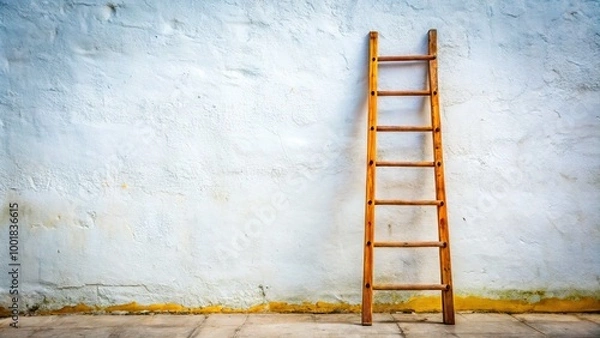 Fototapeta Rustic Wooden Ladder Against a White Wall, Ideal for Home Decor and Creative Display Ideas