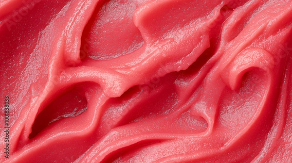 Fototapeta a close-up, top-down view, texture background of watermelon puree spread across the entire frame, showcasing its vibrant pink-red color and smooth texture
