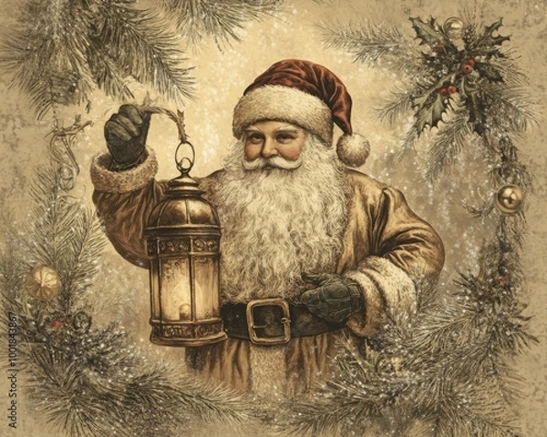 Obraz Vintage Santa Claus with lantern surrounded by festive greenery.