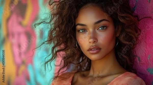 Obraz Contemporary fashion model posing in front of a colorful graffiti wall in urban setting 