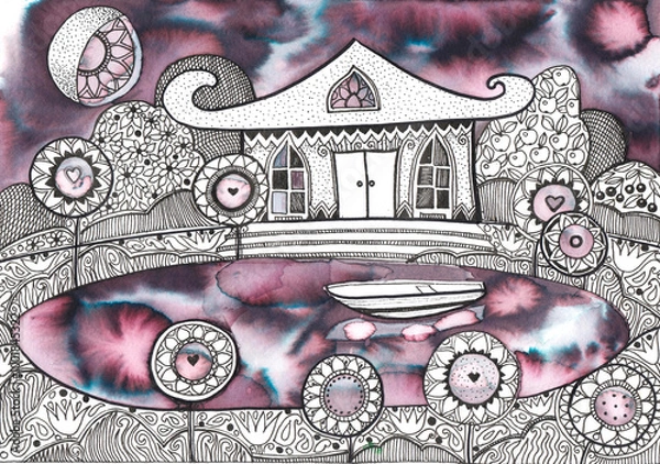 Fototapeta Cartoon fantasy landscape painted with watercolor and black patterns on white background for graphic design