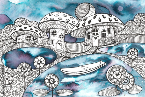 Fototapeta Cartoon fantasy landscape with houses mushrooms painted with blue watercolor and black patterns on white background for graphic design