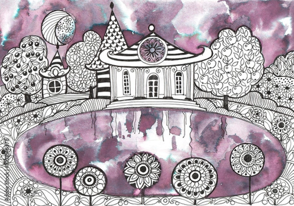 Fototapeta Cartoon fantasy landscape painted with watercolor and black patterns on white background for graphic design.