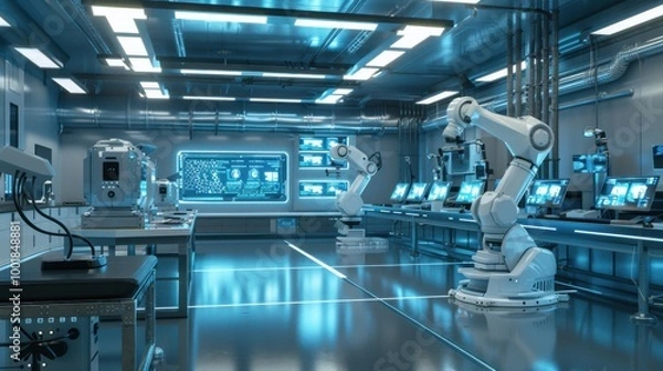 Obraz Detailed 3D render of a technology development lab, with digital screens, robotic arms, and virtual prototypes.